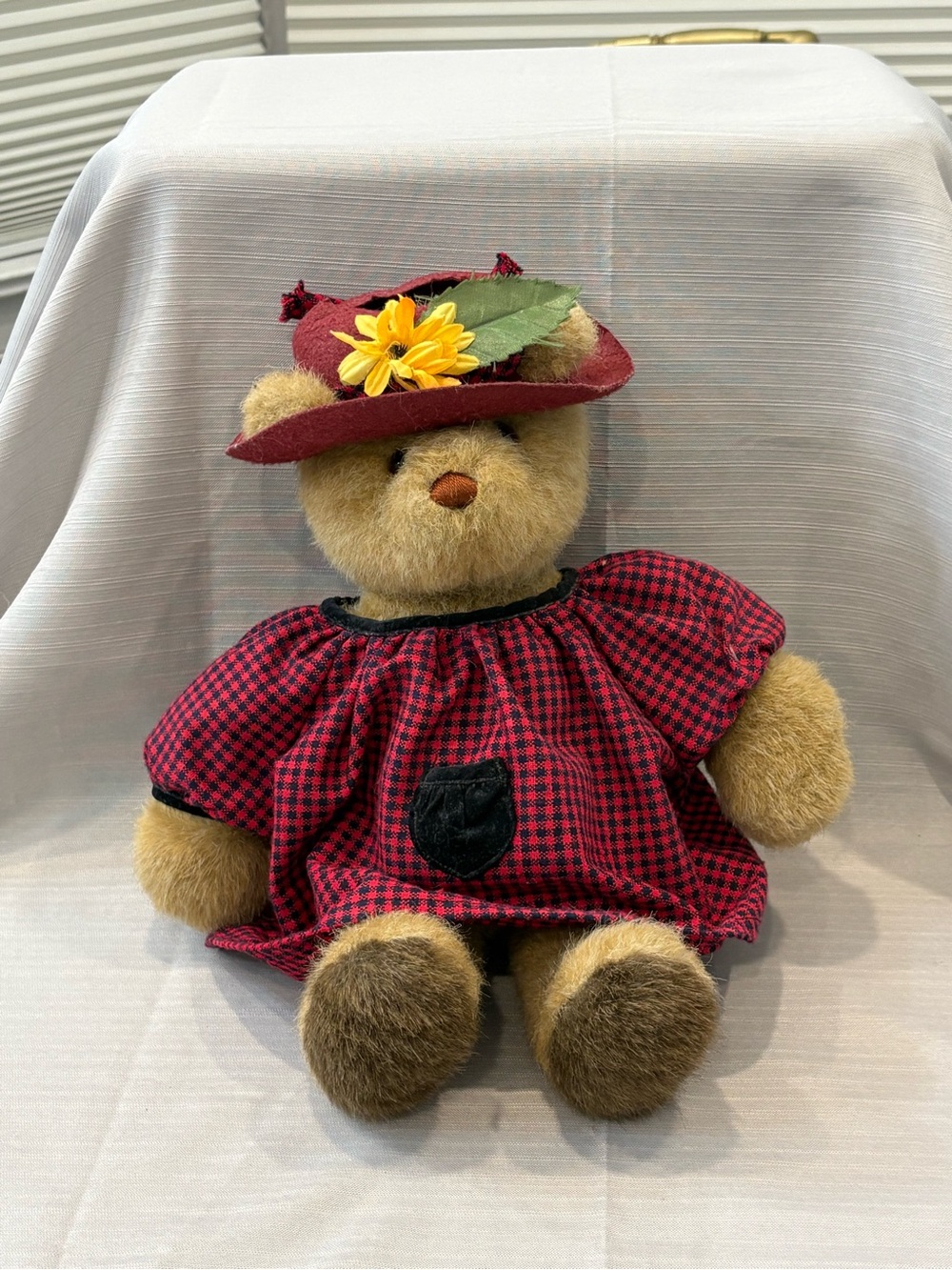 Vintage 1985 Plush Teddy Bear in Red Plaid Dress with Flower Hat GUND